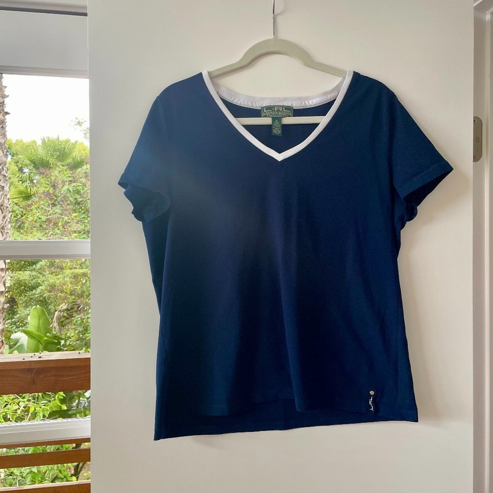 L-RL Lauren Active Ralph Lauren Navy V-Neck Short Sleeve‎ T-Shirt, Size XL